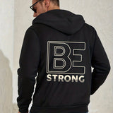 kkboxly  Men's Personalized Hooded Jacket, "Be Strong" Print Cardigan Sweatshirt For Spring/autumn, Men's Clothing, Plus Size