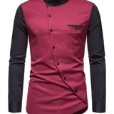 Men's Personality Knob Irregular Contrast Henley Collar Long Sleeve Shirt