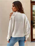 kkboxly  Chain Decor Cold Shoulder Pullover Sweater, Elegant Long Sleeve Loose Sweater, Women's Clothing