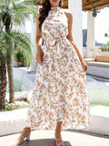 kkboxly  Floral Print Halter Neck Dress, Casual Sleeveless Maxi Dress, Women's Clothing