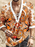 Men's Bohemian Pattern Shirt Top V Neck Lace Up Collar 3/4 Sleeves Closure Regular Fit Male Casual Shirt For Daily Beach Resorts