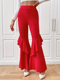 kkboxly  Solid Slim Flare Leg Pants, Elegant Ruffle Trim Pants For Spring & Fall, Women's Clothing