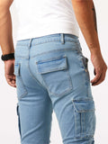 kkboxly  Slim Fit Multi Pocket Jeans, Men's Casual Street Style Medium Stretch Denim Cargo Pants