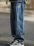 kkboxly  Wide Leg Cotton Jeans, Men's Casual Street Style Patchwork Denim Pants For Spring Summer