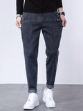 kkboxly  Multi Pocket Loose Fit Harem Pants, Men's Casual Chic Medium Stretch Denim Pants For All Seasons