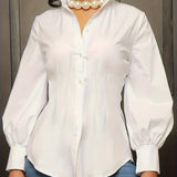 kkboxly Tucked Solid Shirt, Elegant Button Front Puff Sleeve Shirt, Women's Clothing