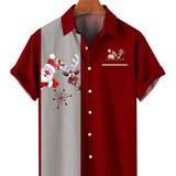 kkboxly  Christmas Santa & Elk Cartoon Pattern Men's Short Sleeve Button-down Shirt With Chest Pocket, Gift For Men