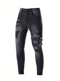 kkboxly  Men's Chic Skinny Biker Jeans, Casual Street Style Medium Stretch Denim Pants