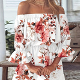 Kkboxly  Boho Leaf Graphic Print Off Shoulder Dress, Sexy Backless Ruffle Sleeve Dress For Spring & Summer, Women's Clothing