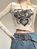 kkboxly  Heart & Letter Print Notch Hem T-Shirt, Y2K Long Sleeve Top For Spring & Fall, Women's Clothing