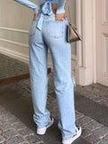 kkboxly  Blue Ripped Holes Straight Jeans, Loose Fit Slant Pockets Non-Stretch Casual Denim Pants, Women's Denim Jeans & Clothing