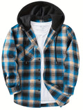 kkboxly  Drawstring Hooded Flannel Shirt, Men's Casual Various Colors Plaid Button Up Shirt For Spring Summer