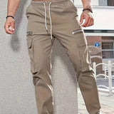 kkboxly Men's Trendy Solid Tactical Pants, Casual Multi Pockets Trousers For Outdoor