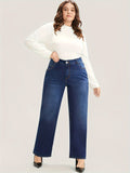 kkboxly  Plus Size Basic Jeans, Women's Plus Solid Button Fly High Rise Medium Stretch Wide Leg Jeans