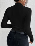 kkboxly  Solid Mock Neck T-shirt, Elegant Long Sleeve Slim Top For Spring & Fall, Women's Clothing