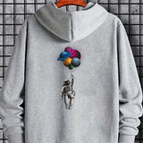 kkboxly  Cartoon Astronaut Pattern Zip Up Hoodie, Men's Casual Stretch Hooded Sweatshirt Sportswear