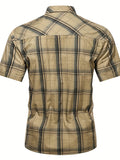 kkboxly  Trendy Plaid Print Men's Casual Short Sleeve Cotton Shirt With Chest Pocket, Men's Shirt For Summer, Tops For Men