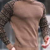 kkboxly  Waffle Trendy Patchwork Sweatshirt, Men's Casual Ethnic Pattern Sleeves Crew Neck Sweatshirt For Men Fall Winter