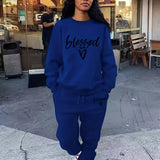 kkboxly Blessed Letter Print Casual Two-piece Set, Crew Neck Long Sleeve Tops & Drawstring Jogger Pants Outfits, Women's Clothing