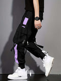 kkboxly Multi-pocket Ribbon Design, Men's Color Block Cargo, Trendy Comfy Jogger Pants