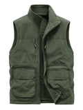 kkboxly Multi Pockets Reversible Cargo Vest, Men's Casual Outwear Stand Collar Zip Up Vest For Outdoor Fishing Photography