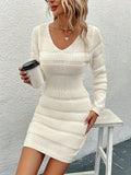 kkboxly  Solid V Neck Sweater Dress, Casual Long Sleeve Bodycon Dress, Women's Clothing