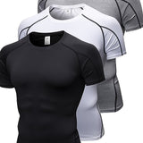 kkboxly  3pcs Men's Solid Compression T-shirt, Active Slightly Stretch Breathable Moisture Wicking Top For Outdoor