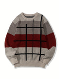 All Match Knitted Color Block Sweater, Men's Casual Warm Slightly Stretch Crew Neck Pullover Sweater For Men Fall Winter