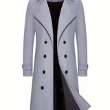 kkboxly  Classic Design Warm Coat, Men's Semi-formal Long Length Double Breasted Lapel Coat For Fall Winter Business