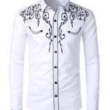 kkboxly Cow Boy Style Men's Chic Embroidered Long Sleeve Lapel Shirt, Spring Fall