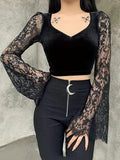 kkboxly  Floral Lace Stitching V Neck T-Shirt, Casual Long Sleeve Top For Spring & Fall, Women's Clothing