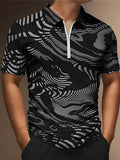 kkboxly Fashion Men's Geometric Print Short Sleeve Zipper Lapel Shirt, Men's Comfortable Slim Top, Summer Clothing