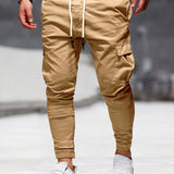 kkboxly  Solid Multi Flap Pockets Men's Drawstring Cargo Pants, Slim Fit Elastic Casual Outdoor Pants, Men's Work Pants