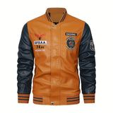 kkboxly  Men's Casual Pockets "R" Print Zipper Long Sleeves Baseball Collar PULeather Jacket