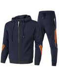 kkboxly  Stripe Design, Men's 2pcs, Long Sleeve Zip Up Hoodie And Drawstring Jogger Pants For Running, Athletics