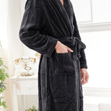 kkboxly Men's Comfy Solid Fleece Robe Home Pajamas Wear With Pocket One-piece Lace Up Kimono Night-robe Warm Sets After Bath