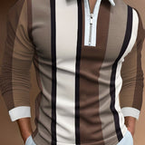 kkboxly  Men's Color Block Stripe Long Sleeve Zip Polo Shirt, Men's Clothing