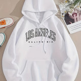 Los Angeles Letter Print Drawstring Hoodie, Casual Long Sleeve Pocket Sweatshirt, Women's Clothing