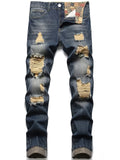 kkboxly  Regular Fit Ripped Jeans, Men's Casual Street Style Distressed Denim Pants For All Seasons