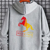 kkboxly  Horse Pattern Zip Up Hoodie, Men's Casual Stretch Hooded Sweatshirt Sportswear