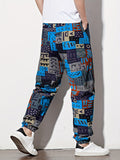 kkboxly  Slim Fit Allover Print Harem Pants, Men's Casual Stretch Slant Pocket Street Style Pants