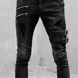 kkboxly  Slim Fit Ripped Biker Jeans, Men's Casual Street Style Distressed Medium Stretch Denim Pants For Spring Fall