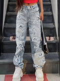 Letter Patch Faded Frayed Boyfriend Jeans, Distressed Loose Low Waist Street Style Denim Pants, Women's Denim Jeans & Clothing