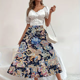 kkboxly  Boho Floral Print Tiered Skirts, Vacation High Waist Summer Layered Skirts, Women's Clothing