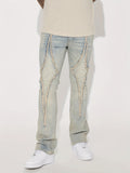 kkboxly  Retro Distressed Raw Trim Jeans, Men's Casual Street Style Medium Stretch Jeans