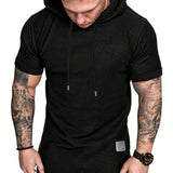 kkboxly  Plus Size Men's Basic Short Sleeve Hooded T-shirt, Summer Comfy Tops With Drawstring