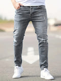 kkboxly Ripped Design Cotton Slim Fit Jeans, Men's Casual Street Style Leg Mid Stretch Denim Pants For Spring Summer