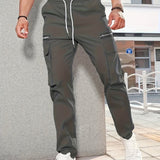 Men's  Trendy Solid Tactical Pants, Casual Multi Pockets Trousers For Outdoor