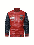 kkboxly  Men's Casual Pockets "R" Print Zipper Long Sleeves Baseball Collar PULeather Jacket