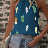 kkboxly   Feather Print Halter Neck Blouse, Elegant Sleeveless Blouse For Summer, Women's Clothing